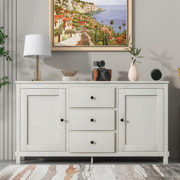 URTR Antique White Retro Buffet Sideboard Storage Cabinet with 2-Cabinets and 3-Drawers, Large Storage Spaces for Dining Room