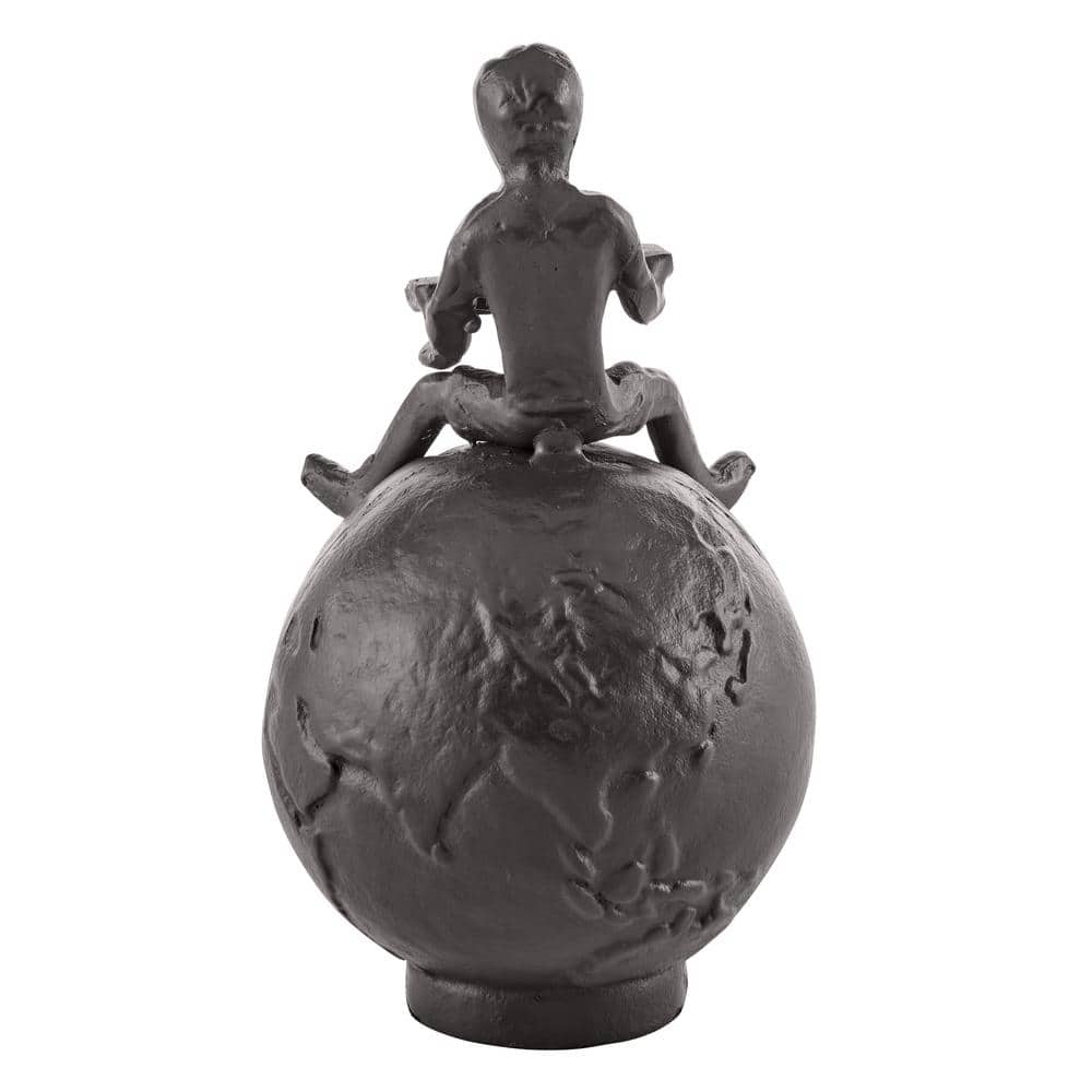 Bronze Cast Iron Boy Reading on Globe Tabletop Sculpture