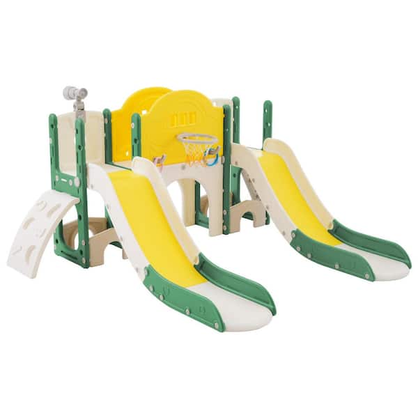Bon Furni Yellow HDPE Indoor and Outdoor Playset Small Kid with Telescope, Slide and Basketball Hoop