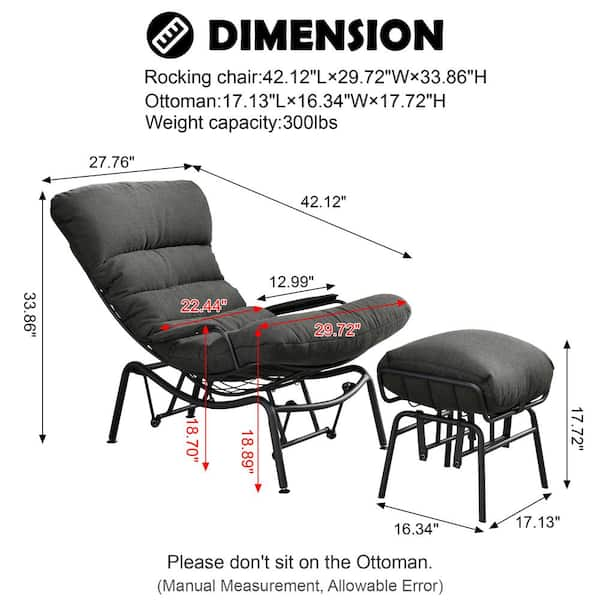 HOOOWOOO Mono Metal Patio Lounge Outdoor Rocking Chair with An Ottoman and Black Cushions