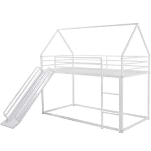 White Twin Over Twin House Bunk Bed with Slide and Ladder