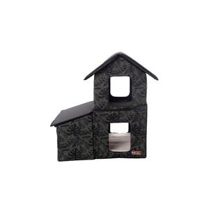 Outdoor 2-Story Kitty House with Dining Room Green Leaf Print Medium