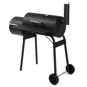 Portable Barrel Charcoal Grill in Black with Offset Smoker, Side Table and Wheels