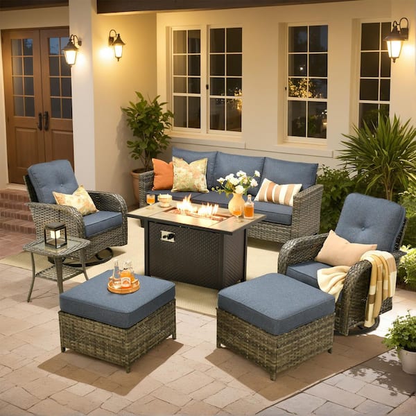 Michigan 6-Piece Wicker Outdoor Patio Fire Pit Seating Sofa Set and with Denim Blue Cushions and Swivel Rocking Chairs