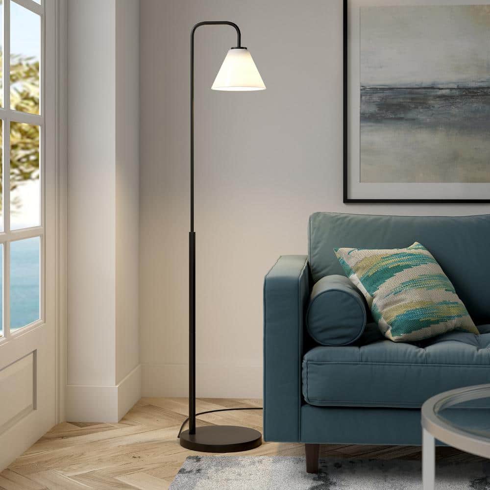 Henderson Voice-Controlled Blackened Bronze Arc Floor Lamp with White Milk Glass Shade