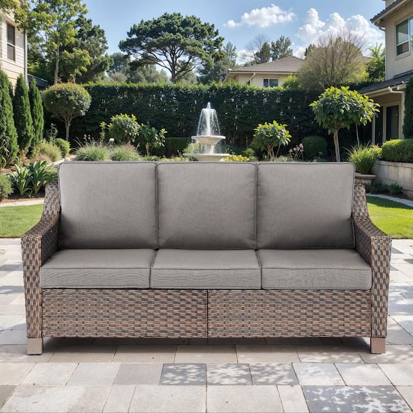 Modern Luxurious 3-Seat Brown PE Wicker Outdoor Couch with Olefin Gray Cushions and 4 In. Wide Armrest