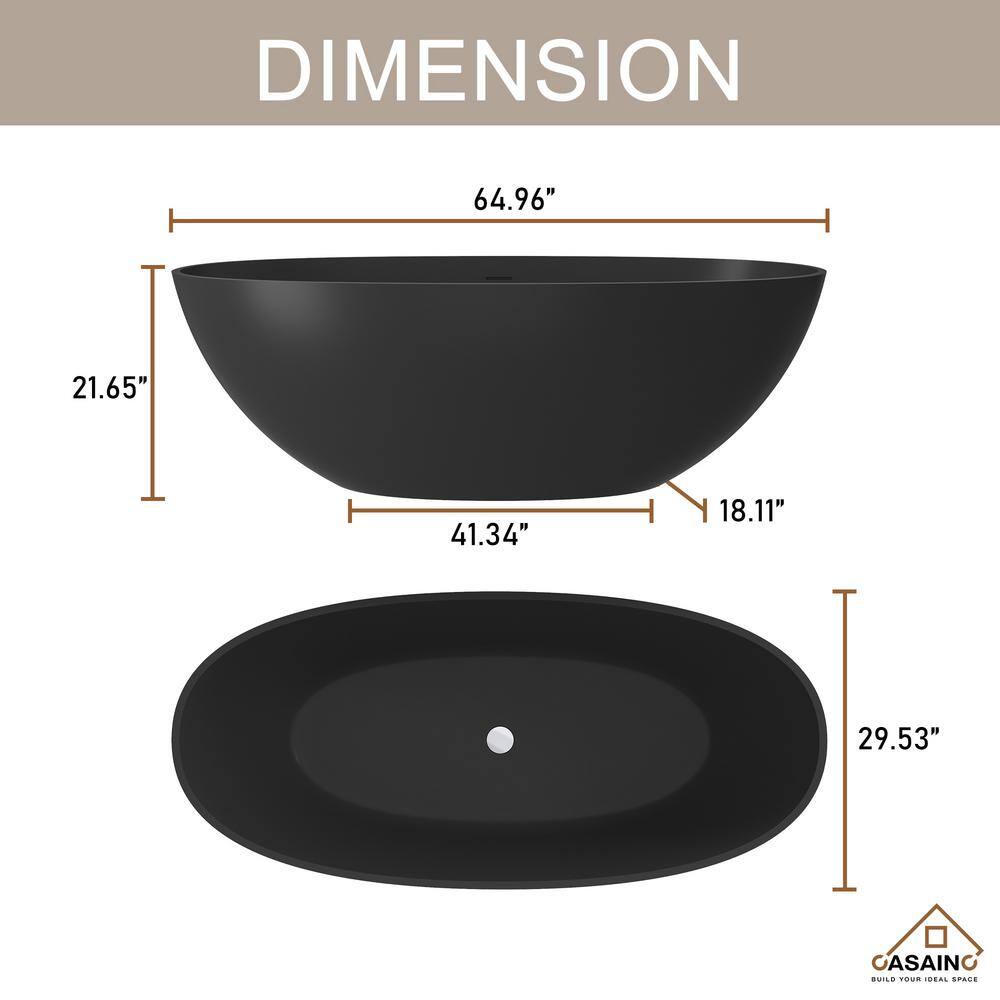 Matte Black 65'' Solid Surface Freestanding Soaking Bathtub