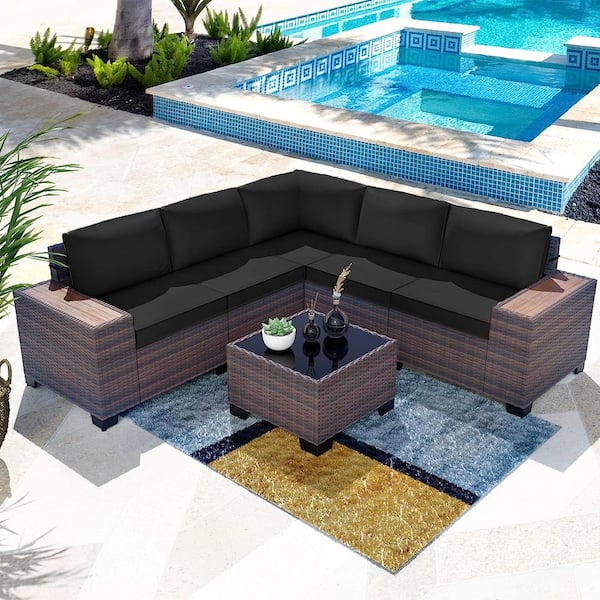 Halmuz 6-Piece Wicker Outdoor Sectional Set with Black Cushion