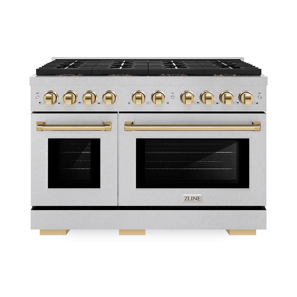 ZLINE Kitchen and Bath Autograph 48 in. 6.7 cu. ft. Paramount Gas Range with 8-Burner DuoPro Cooktop and Dual Ovens in Satin Stainless and Gold