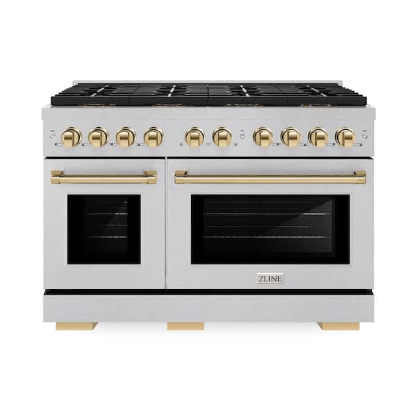 Autograph 48 in. 6.7 cu. ft. Paramount Gas Range with 8-Burner DuoPro Cooktop and Dual Ovens in Satin Stainless and Gold