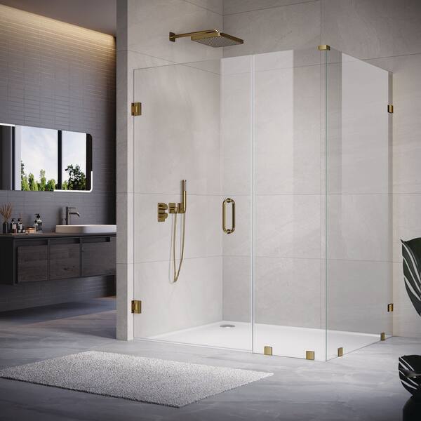 UKH07 57 in. W x 80 in. H x 40 in. D Hinged Frameless Corner Shower Enclosure in Satin Brass 3/8 in. Clear Glass