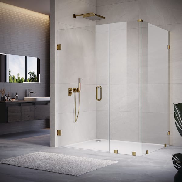 UKH07 72 in. W x 80 in. H x 40 in. D Hinged Frameless Corner Shower Enclosure in Satin Brass 3/8 in. Clear Glass