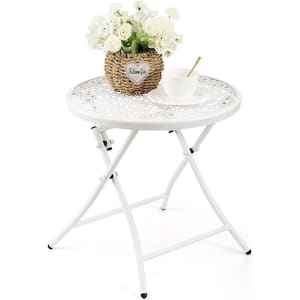 White Folding Side Tables Round Metal Glass Top with Flower Cutouts for Outdoor/Garden