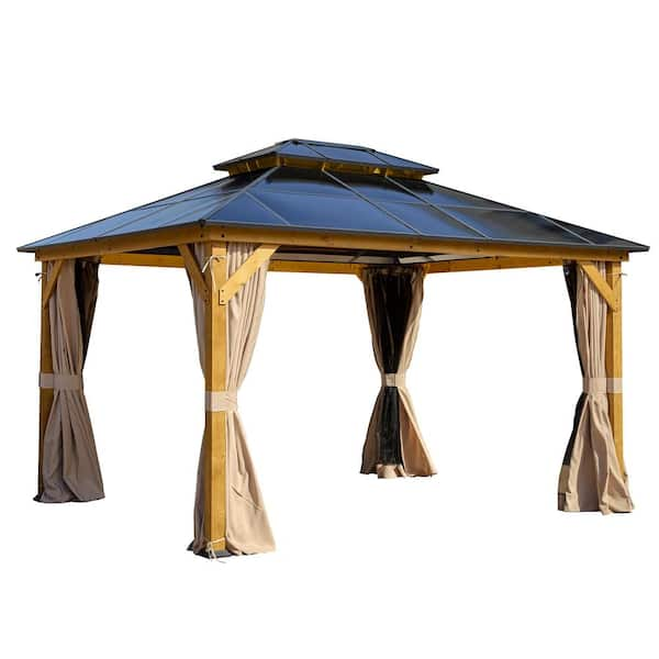 11 ft. x 13 ft. Wood Gazebo with Black Double Polycarbonate Hardtop ...