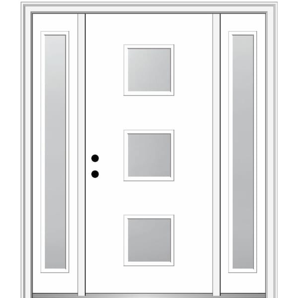 MMI DOOR Aveline 64 in. x 80 in. Right-Hand Inswing 3-Lite Frosted Glass Primed Fiberglass Prehung Front Door on 4-9/16 in. Frame