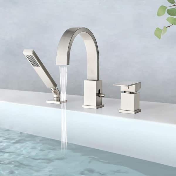 Unbranded Single-Handle Freestanding Tub Faucet Deck Mount Waterfall Faucet with Hand Shower Stainless Steel in Brushed Nickel