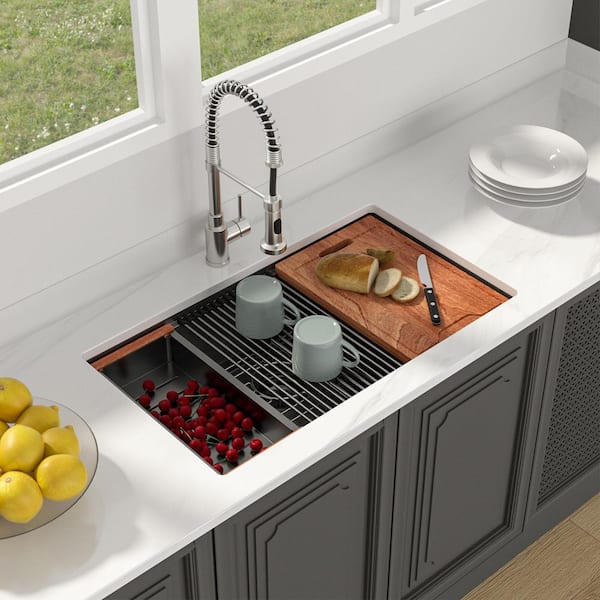 33 x 19 in. Gunmetal Black Undermount Single Bowl Stainless Steel Workstation Kitchen Sink