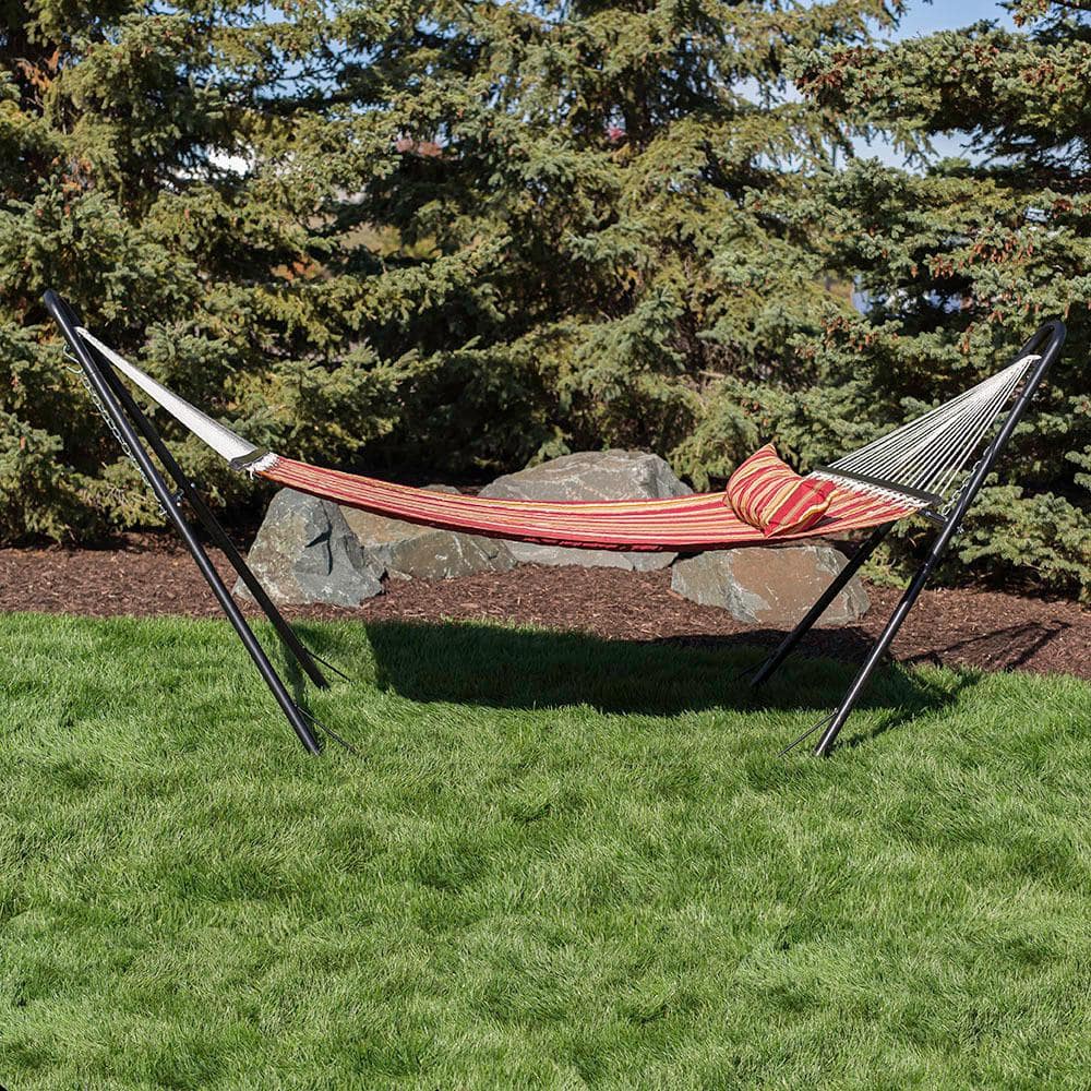 Red Striped Double Quilted Fabric Hammock with Steel Stand