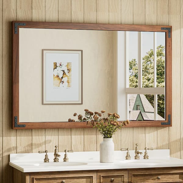 48 in. W x 30 in. H Large Rectangular Rustic Wood Framed Farmhouse Wall Bathroom Vanity Mirror in Brown