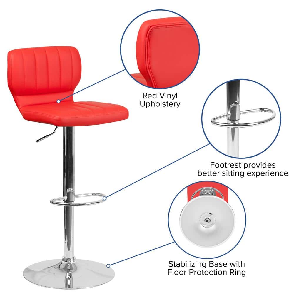 Posh Red Vinyl Adjustable Swivel Bar Stool with Chrome Base