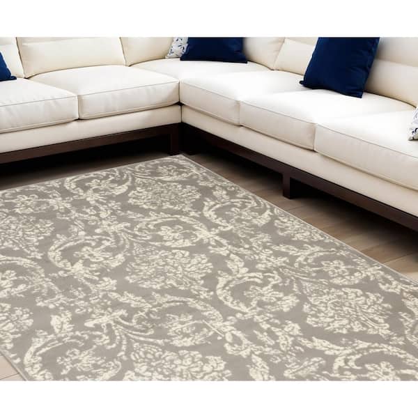6 ft. x 9 ft. Gray and Ivory Damask Power Loom Distressed Area Rug