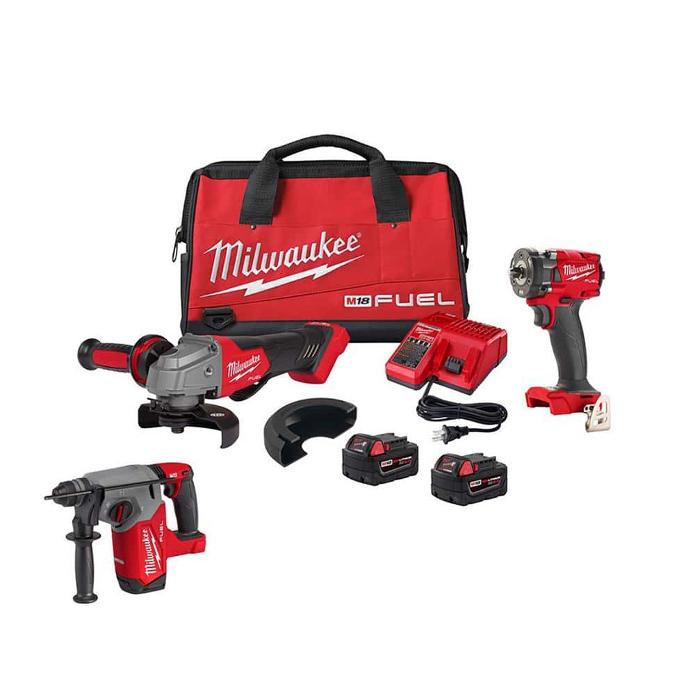 Milwaukee M18 FUEL 18V Lithium-Ion Grinder and 3/8 in. Impact Wrench Combo Kit (2-Tool) with 1 in. SDS-Plus Rotary Hammer -  2991-22-hamr