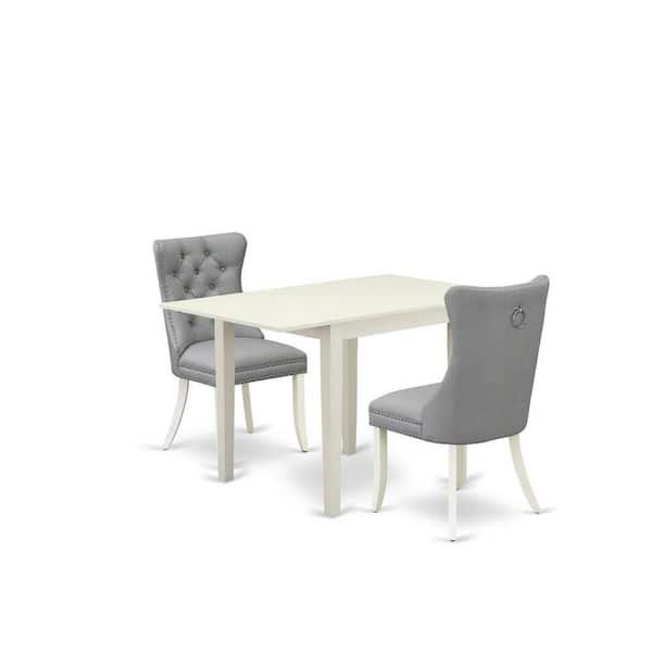 East West Furniture 3-Piece Linen White Finish Rectangular Solid Wood Top With Dropleaf Dining Table Set