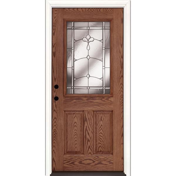 Feather River Doors 37.5 in. x 81.625 in. Carmel Patina 1/2 Lite Stained Medium Oak Right-Hand Inswing Fiberglass Prehung Front Door