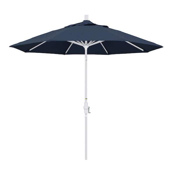 California Umbrella 9 ft. Matted White Aluminum Market Patio Umbrella with Collar Tilt Crank Lift in Spectrum Indigo Sunbrella
