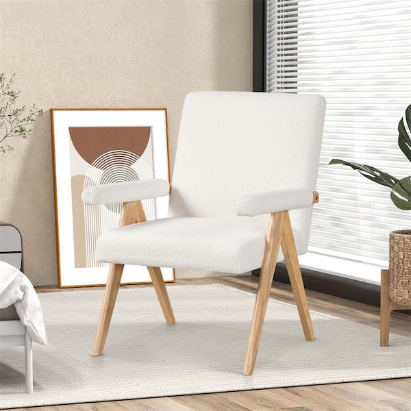 Beige Fabric Mid-Century Modern Accent Arm Chair with Solid Rubber Wood Frame and Padded Armrests