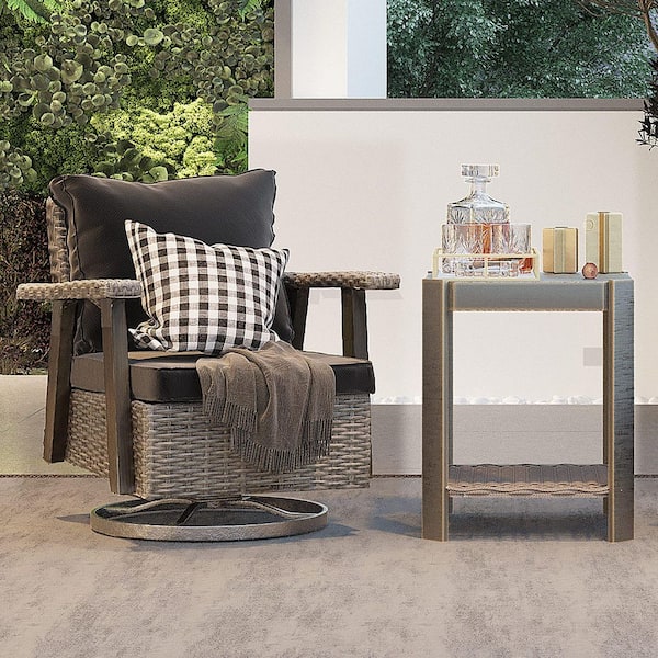 Tenleaf Wicker Swivel Outdoor Lounge Chair with Black Cushions, Side Table