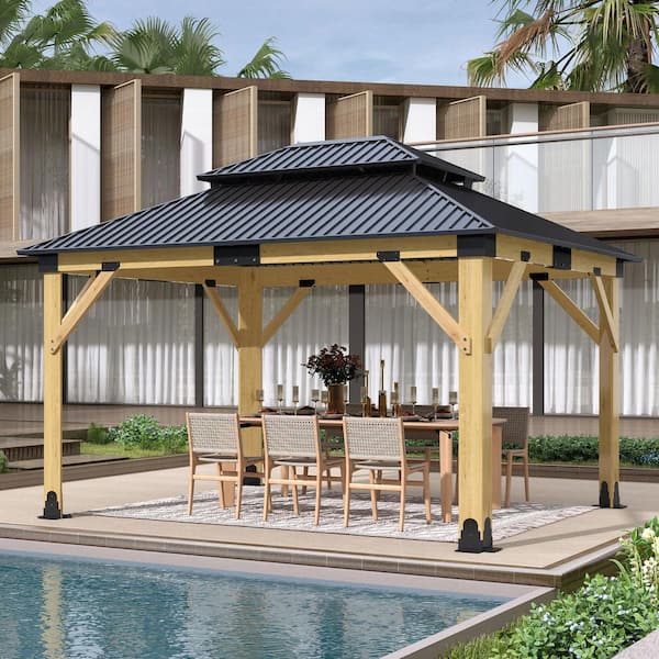 11 ft. x 13 ft. Outdoor Solid Wood Frame Hardtop Gazebo with Double Galvanized Steel Roof and Ceiling Hook for Patio