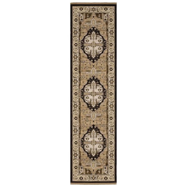 Amara 2 ft. x 10 ft. Tan/Black Oriental Area Rug