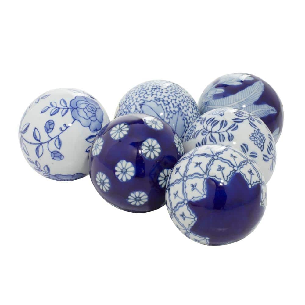 Blue and White Ceramic Floral Pattern Vase Filler Orbs, Set of 6