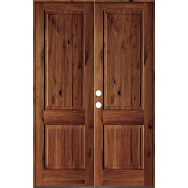 Krosswood Doors 64 in. x 80 in. Rustic Knotty Alder Square Top Red Chestnut Stain/V-Groove Right-Hand Wood Double Prehung Front Door