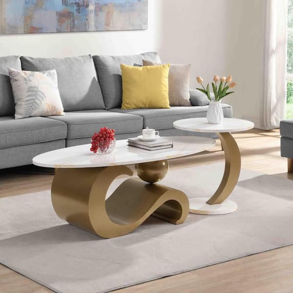 47.24 in. Gold Oval MDF Coffee Table (Set of 2)