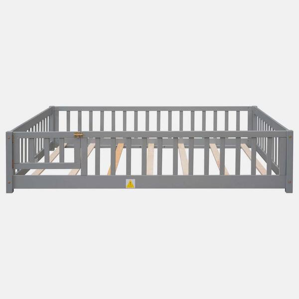 wetiny Gray Wood Frame Full Size Platform Bed with Fence without Door