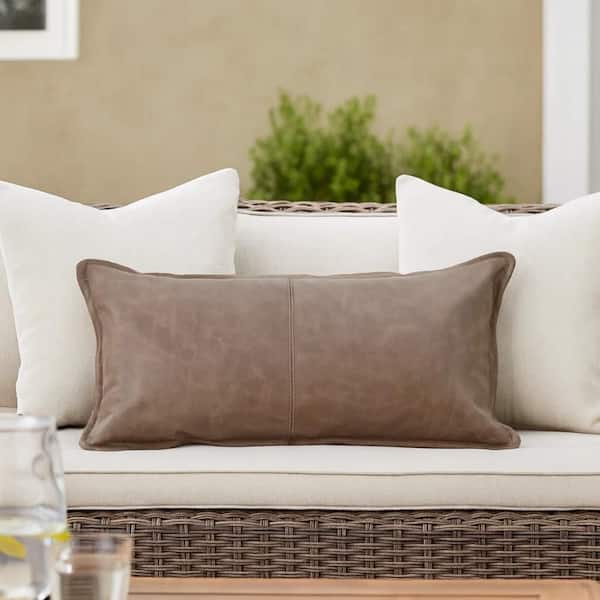 Norm Taupe Brown Solid Stitched Leather Cotton Decorative Lumbar 14 in. x 26 in. Throw Pillow