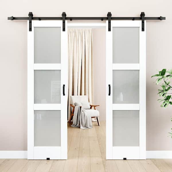 48 in. x 84 in. 3-Lites Frosted Glass and MDF Finished Double Sliding Barn Door with Soft Close and Hardware Kit