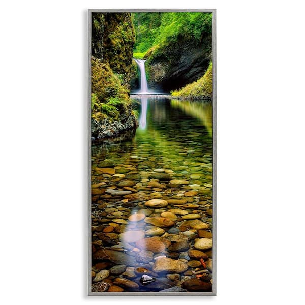 Clear Stream Waterfall Photography by Dennis Frates Gray Framed Giclee Art Print Nature 10 in. x 24 in.