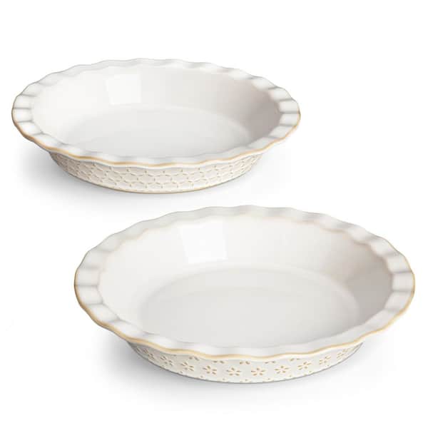 vancasso 2-Piece Round Stoneware Pie Dish Set Ivory White Baking Dish Embossed Pattern Bakeware 40 oz.