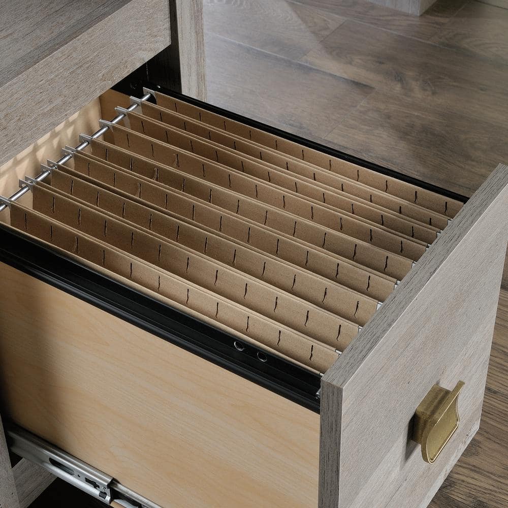 Mystic Oak L-Shaped Writing Desk with Drawer and Filing Cabinet