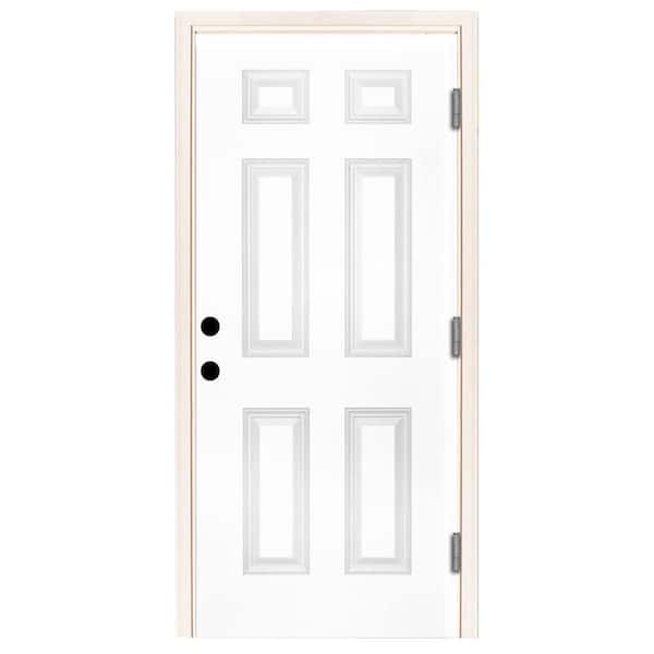 Steves & Sons Reliant 32 in. x 80 in. 6-Panel Left Hand Outswing White Primed Fiberglass Prehung Front Door with 4-9/16 in. Jamb Size