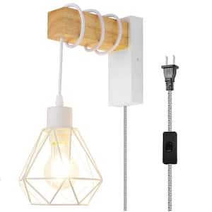 Industrial 5.9 in. White 1-Light Plug in Wood Base Cage Wall Lamp, Rustic Adjustable Height Pulley Wall Sconces E26 Base