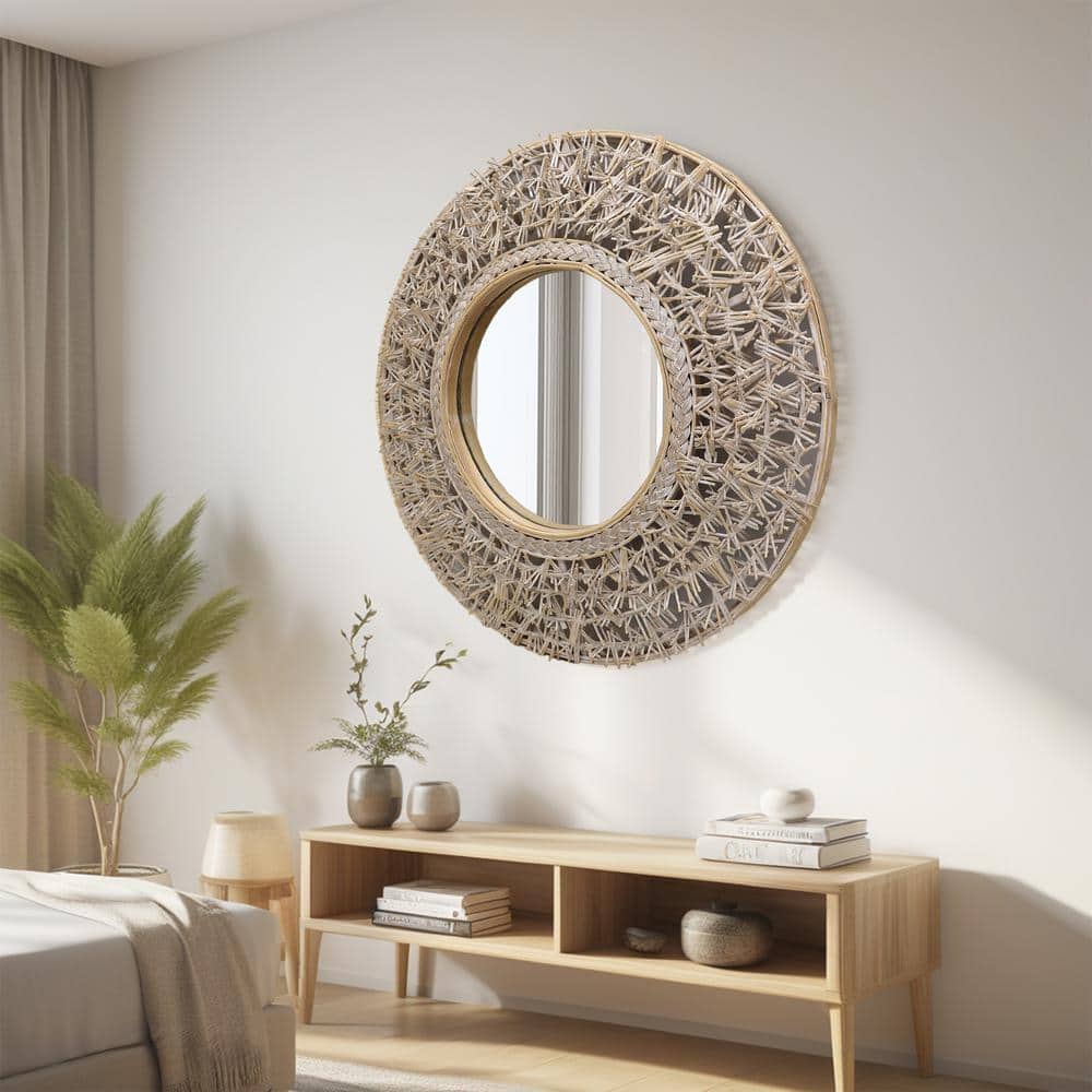24 Inch Round Whitewashed Rattan and Bamboo Decorative Wall Mirror