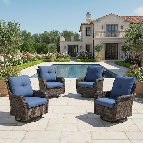 Pocassy 4-Piece Set Outdoor Swivel Brown Wicker Outdoor Rocking Chair with CushionGuard Blue Cushions