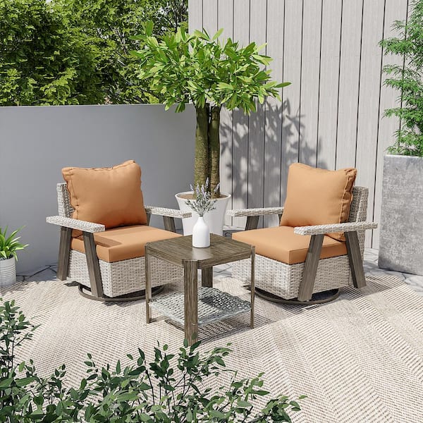 INMITOM 3-Piece Patio Wicker Conversation Set with Tan Cushions and Side Table - Swivel, Rock, and Relax in Style