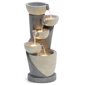 Gray Bowls and Column Outdoor Polyresin Cascade Fountain with LED Lights