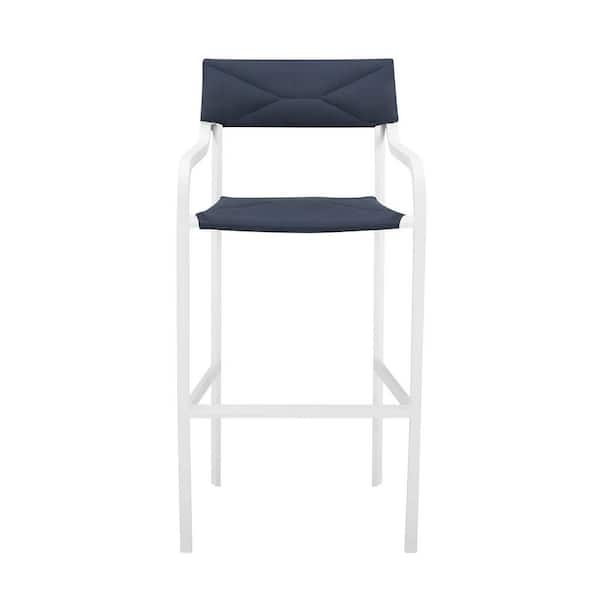 MODWAY Raleigh Stackable Aluminum Outdoor Bar Stool in White with Navy Cushion