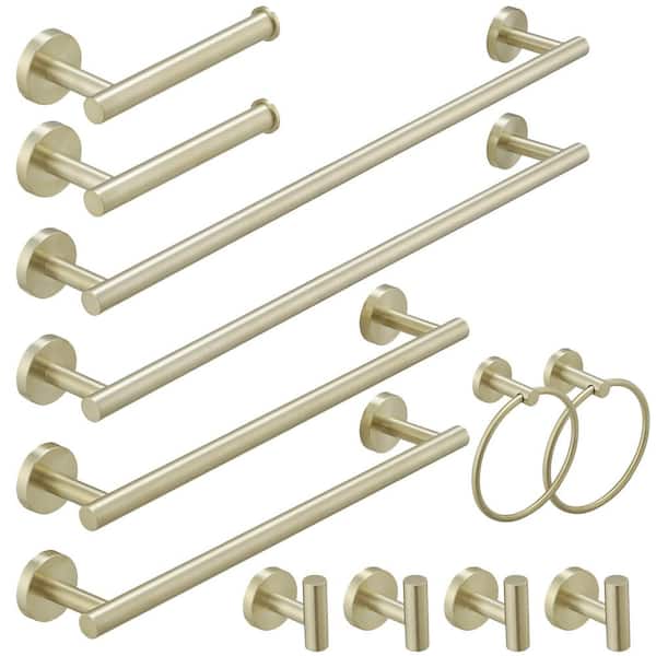 12-Piece Bath Hardware Set with Towel Ring Toilet Paper Holder Towel Hook Towel Bar Included Wall Mount in Brushed Gold